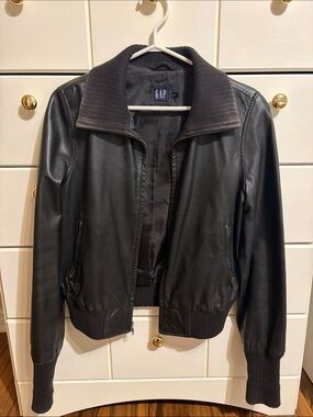 GAP Black Leather Bomber Jacket with Ribbed Collar